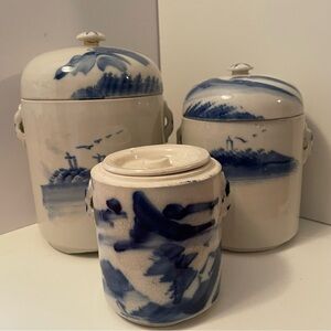 Chinese Hand Painted Porcelain Tea‎ Caddies Set Of 3 Chinoiserie One Missing Lid